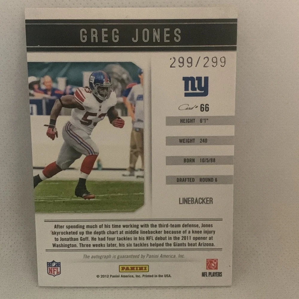 2011 Panini Playbook #66 Greg Jones NYG 299/299 (003) - Picture 2 of 3